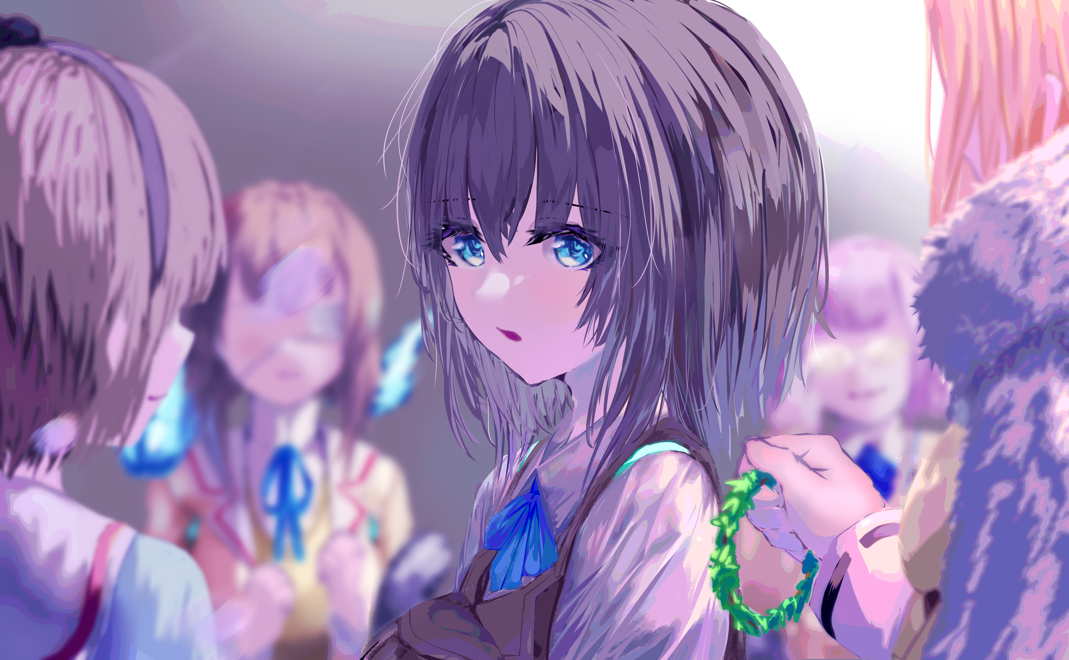 fuuka koji, aoi erika, higuchi seika, hiiragi kozue, minase ichigo, minase sumomo, heaven burns red, absurdres, commentary request, highres, 5girls, black hair, blonde hair, blue eyes, bracelet, flower bracelet, hairband, jewelry, multiple girls, necktie, open mouth, school uniform, short hair