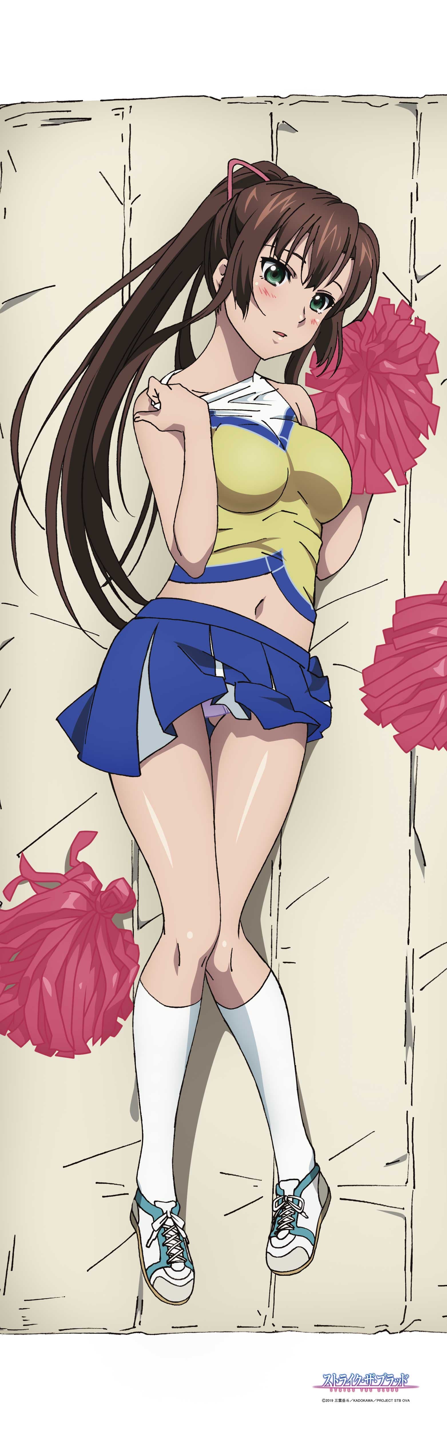 kirasaka sayaka, strike the blood, absurdres, highres, merchandise available, official art, 1girl, bare arms, bare shoulders, blue skirt, breasts, brown hair, cheerleader, copyright name, copyright notice, dakimakura (medium), full body, grey shoes, hand on own shoulder, kneehighs, long hair, looking at viewer, medium breasts, midriff, navel, panties, pantyshot, parted lips, pleated skirt, pom pom (cheerleading), ponytail, shirt, shoes, skirt, sleeveless, sleeveless shirt, socks, solo, underwear, white socks, yellow shirt