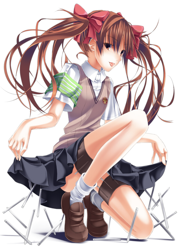 doatobira, shirai kuroko, toaru kagaku no railgun, toaru majutsu no index, bad id, bad pixiv id, 00s, 1girl, bow, brown eyes, brown hair, censored, convenient censoring, convenient leg, female focus, full body, hair bow, hair ribbon, legs, ribbon, school uniform, short hair, socks, solo, sweater vest, thigh strap, twintails