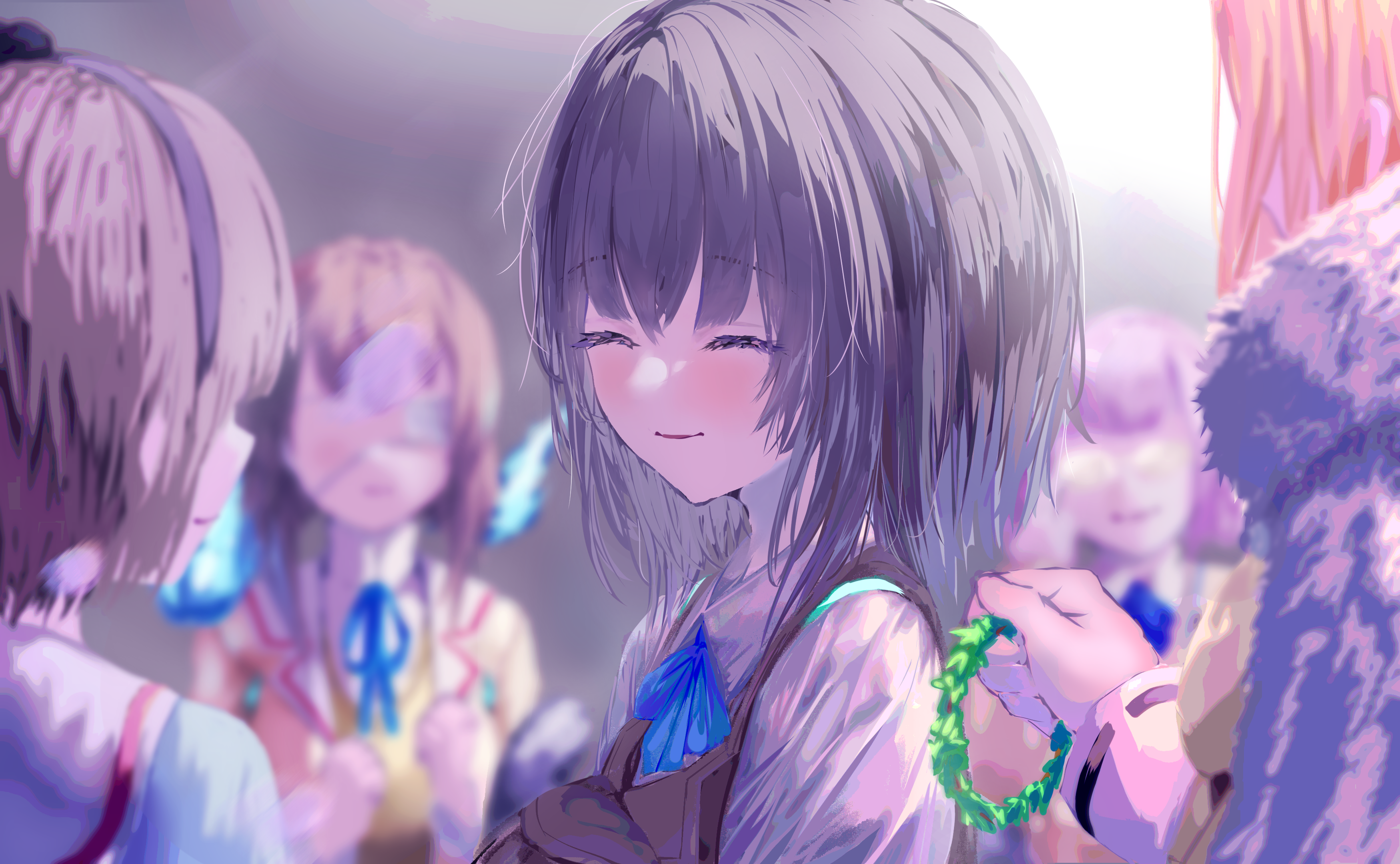 fuuka koji, aoi erika, higuchi seika, hiiragi kozue, minase ichigo, minase sumomo, heaven burns red, absurdres, commentary request, highres, 5girls, black hair, blonde hair, blue eyes, bracelet, flower bracelet, hairband, jewelry, multiple girls, necktie, school uniform, short hair, smile