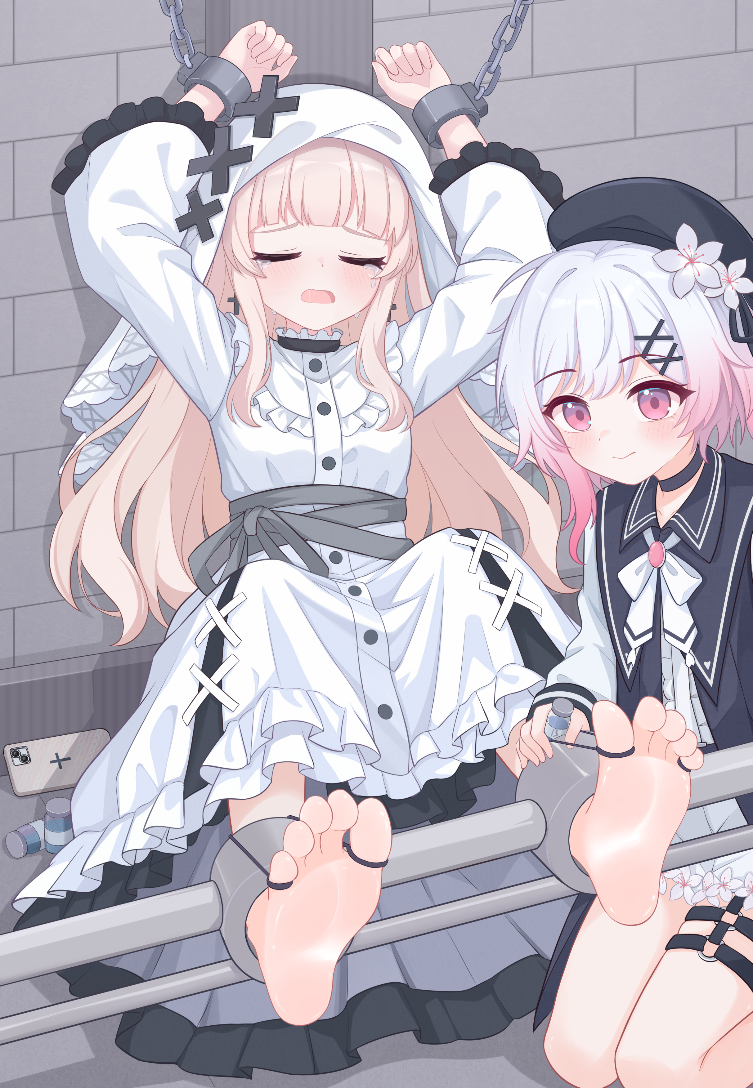 eugenecolin, hikami meruru, sakuraba ema, mahou shoujo no majo saiban, absurdres, commentary request, highres, 2girls, barefoot, beret, black hat, blonde hair, bound, cellphone, cross, cross earrings, cross ornament, crying, dress, earrings, flower, frilled dress, frills, glass bottle, hair ornament, hat, hat flower, hime cut, jewelry, multiple girls, o-ring, o-ring thigh strap, phone, pink eyes, pink hair, priestess, restrained, smartphone, soles, thigh strap, veil, white dress, white flower, white hair, white veil, x hair ornament