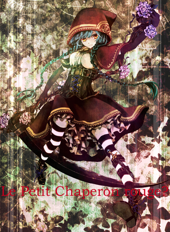 macco, little red riding hood (fairy tale character), little red riding hood (fairy tale), original, bad id, bad pixiv id, 1girl, boots, braid, brown eyes, corset, dress, female focus, flower, frills, green hair, hood, knife, long hair, scythe, solo, striped clothes, striped thighhighs, thighhighs, twin braids