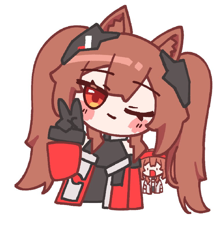 geomiddang, angelina (arknights), gilberta (arknights), arknights, arknights: endfield, commentary, 2girls, animal ears, black gloves, blush stickers, brown hair, coat, d:, deformed, dress, fox ears, fox girl, gloves, grey dress, hairband, headgear, jaw drop, long hair, looking at viewer, multiple girls, one eye closed, open clothes, open coat, open mouth, orange eyes, red coat, red hairband, simple background, smile, straight-on, twintails, v, white background, white coat