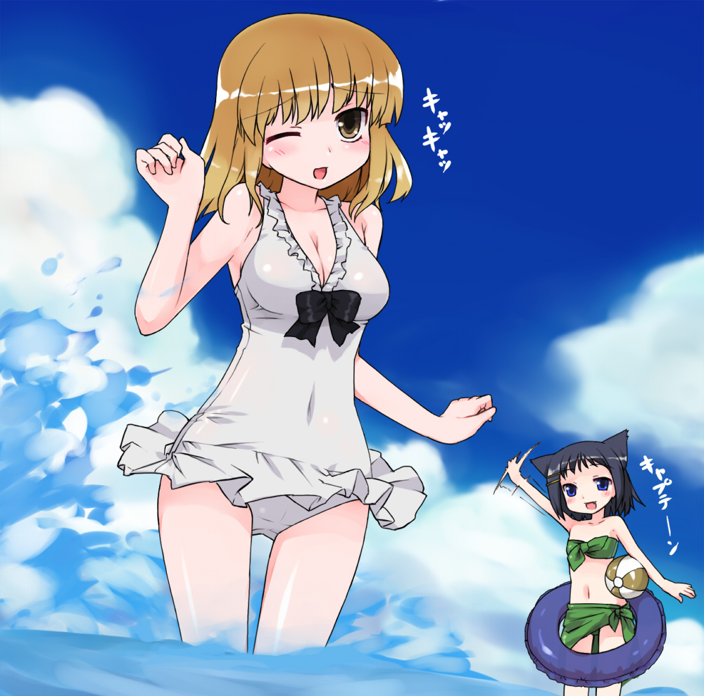 ktsecond, fukuji mihoko, ikeda kana, saki (manga), bad id, bad pixiv id, 00s, age difference, animal ears, ball, black hair, blue eyes, blush, breasts, brown eyes, brown hair, child, cleavage, fang, hair ornament, hairclip, innertube, large breasts, legs, ocean, one-piece swimsuit, one eye closed, short hair, swim ring, swimsuit, water, wink