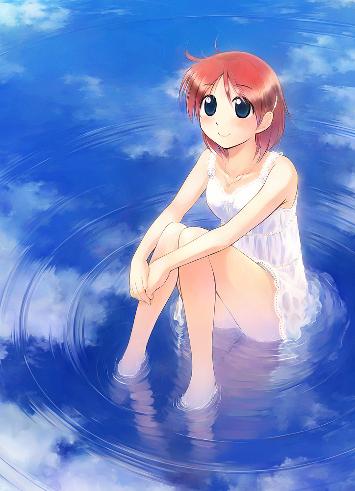 ikeda jun (mizutamari), original, 1girl, barefoot, blue eyes, cloud, dress, female focus, hair ornament, hairclip, jewelry, legs, necklace, partially submerged, red hair, reflection, short hair, sitting, sky, smile, soaking feet, solo, water