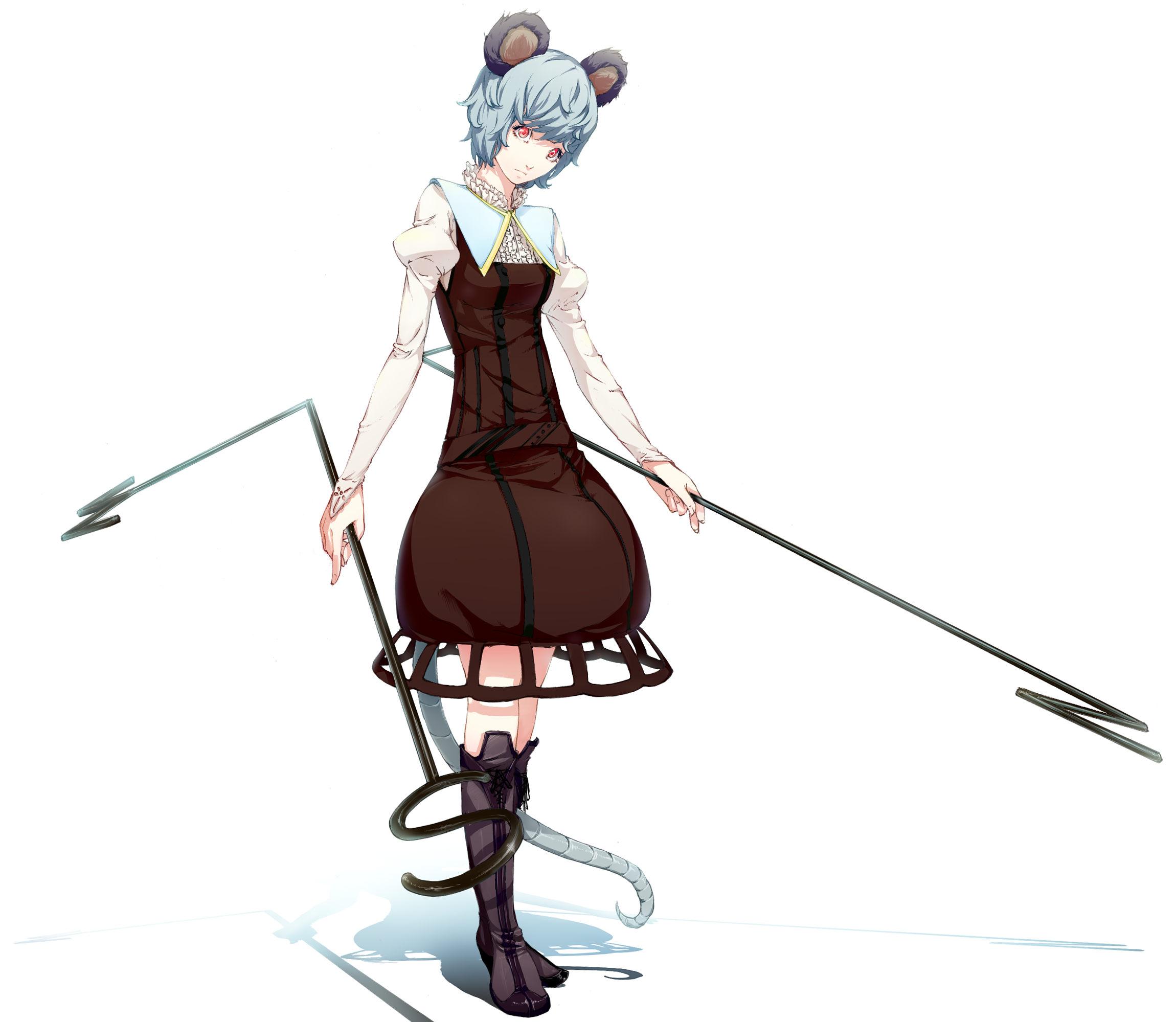 sousou (sousouworks), nazrin, touhou, bad id, bad pixiv id, highres, 1girl, animal ears, dowsing rod, dress, female focus, full body, grey hair, mouse ears, mouse tail, realistic, red eyes, short hair, solo, standing, tail