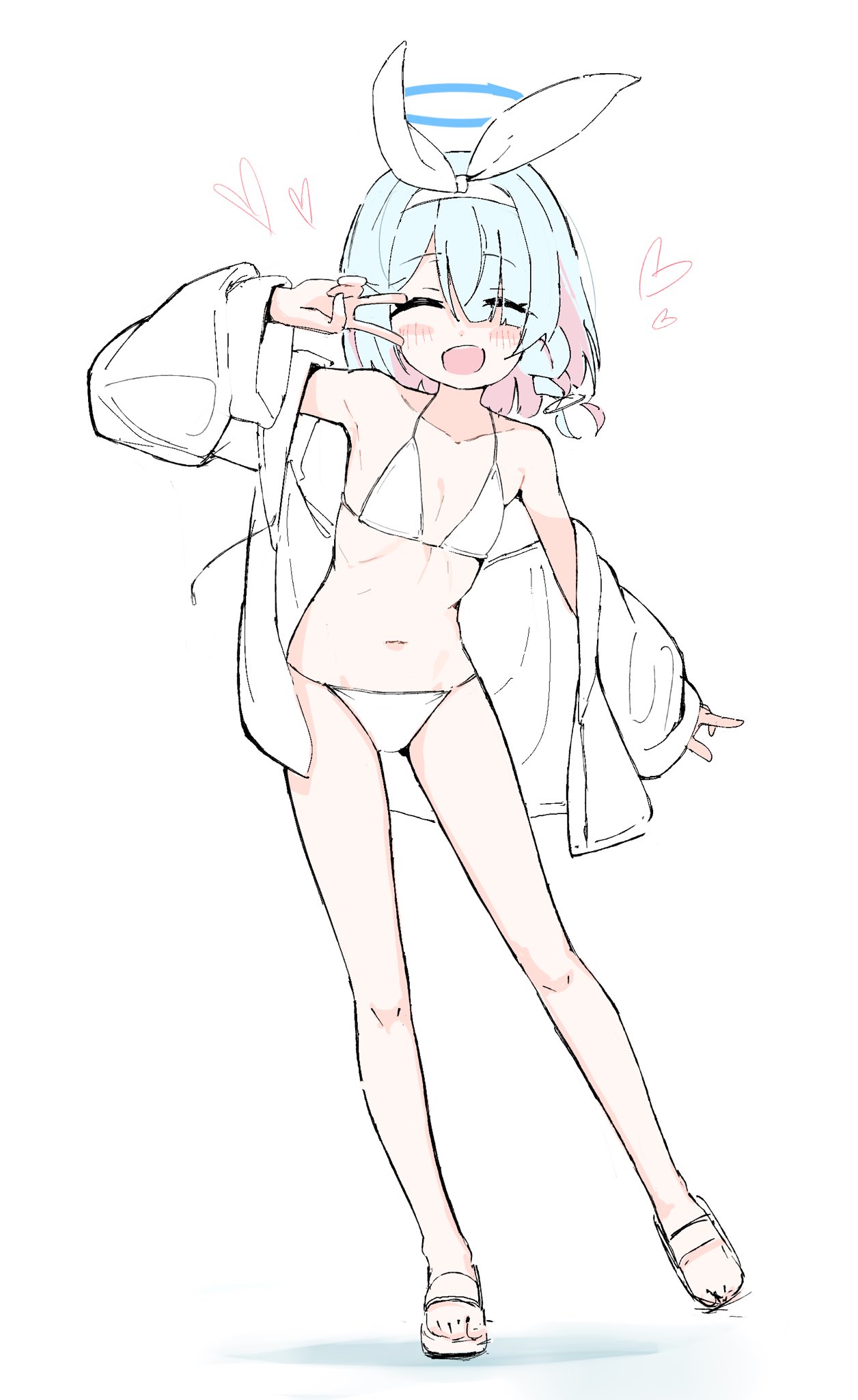 penguin potof, arona (blue archive), blue archive, commentary request, highres, 1girl, ;d, alternate costume, bikini, blue hair, blue halo, blush, bow hairband, braid, colored inner hair, eyes visible through hair, flat chest, full body, hair over one eye, hairband, halo, heart, jacket, looking at viewer, multicolored hair, navel, one eye closed, open mouth, pink hair, sandals, short hair, simple background, single braid, smile, solo, standing, swimsuit, two-tone hair, v, white background, white bikini, white hairband