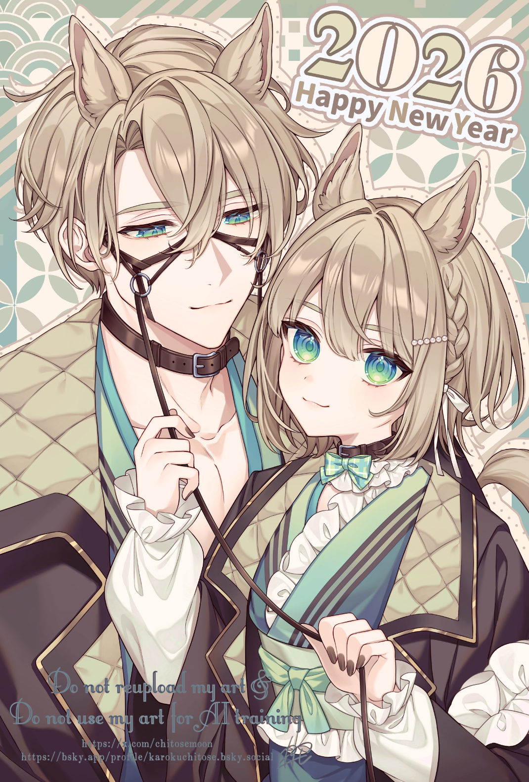 karokuchitose, original, commentary request, highres, 1boy, 1girl, 2026, animal ears, black nails, blue kimono, bow, braid, brown collar, brown hair, brown jacket, chinese zodiac, closed mouth, collar, collarbone, frilled kimono, frills, green bow, green eyes, hair between eyes, hair ornament, hairclip, half-closed eyes, happy new year, horse ears, horse girl, horse tail, jacket, japanese clothes, kimono, long sleeves, nail polish, nengajou, new year, obi, open clothes, open jacket, plaid bow, puffy long sleeves, puffy sleeves, sash, shirt, smile, tail, upper body, watermark, white shirt, year of the horse