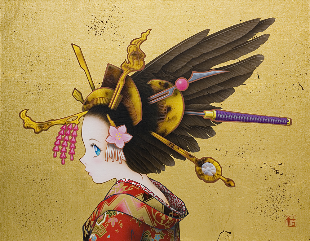 fudegamijp, wall, 1girl, blue eyes, comb, feather hair, feathers, female focus, flower, hair flower, hair ornament, japanese clothes, kanzashi, kimono, profile, solo