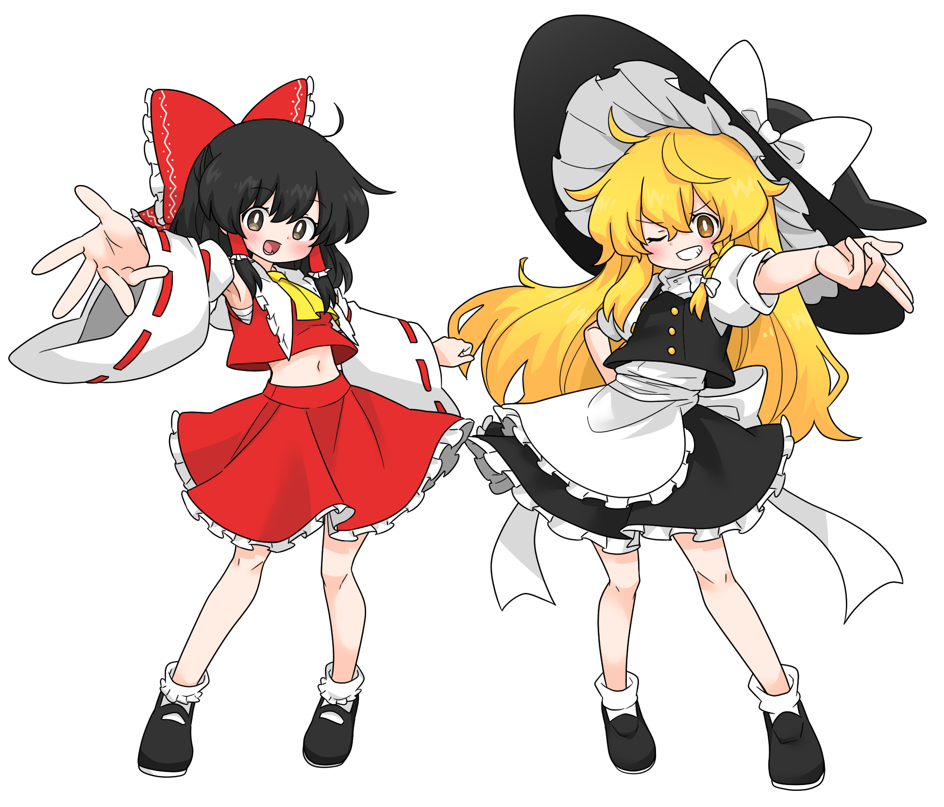 kumanou22, hakurei reimu, kirisame marisa, touhou, commentary request, highres, 2girls, apron, ascot, back bow, black hat, black shoes, black skirt, black vest, blonde hair, bow, braid, brown eyes, detached sleeves, frilled bow, frilled hair tubes, frilled skirt, frills, full body, grin, hair bow, hair tubes, hat, hat bow, long hair, looking at viewer, mary janes, midriff, multiple girls, navel, one eye closed, open mouth, puffy short sleeves, puffy sleeves, red bow, red skirt, ribbon-trimmed sleeves, ribbon trim, shoes, short sleeves, side braid, simple background, single braid, skirt, skirt set, smile, socks, very long hair, vest, waist apron, white apron, white background, white bow, white socks, witch hat, yellow ascot