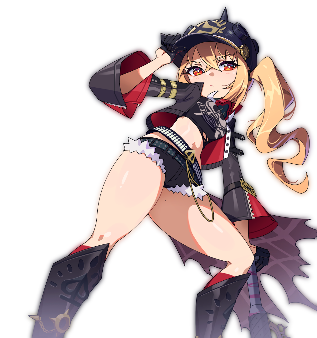 sabum, luciana de montefio, zenless zone zero, commentary request, 1girl, belt, black belt, black boots, black hat, black jacket, black shirt, black shorts, blonde hair, boots, breasts, closed mouth, cropped jacket, cropped shirt, hat, jacket, long hair, looking at viewer, red eyes, shirt, short shorts, shorts, side ponytail, small breasts, solo, white background