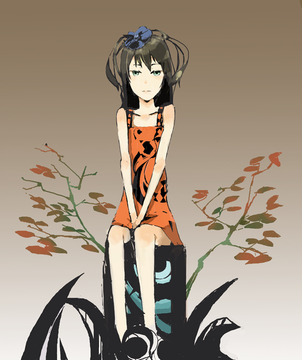 kureta (nikogori), bad id, bad pixiv id, 1girl, bow, dress, female focus, hair bow, sitting, solo, staring