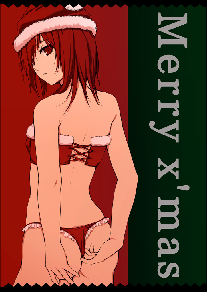 coffee-kizoku, original, 1girl, adjusting clothes, adjusting panties, ass, back, bustier, christmas, female focus, from behind, hat, looking back, merry christmas, panties, red eyes, red hair, santa costume, santa hat, solo, thong, underwear, wedgie