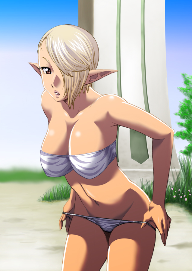 shiri hime, shirihime, areuhat, elvaan, final fantasy, final fantasy xi, 00s, 1girl, bandeau, bare shoulders, blonde hair, bra, breasts, brown eyes, cleavage, elf, female focus, hair over one eye, large breasts, legs, lingerie, panties, panty pull, pointy ears, solo, strapless, tiger stripes, tube top, underwear, underwear only, undressing