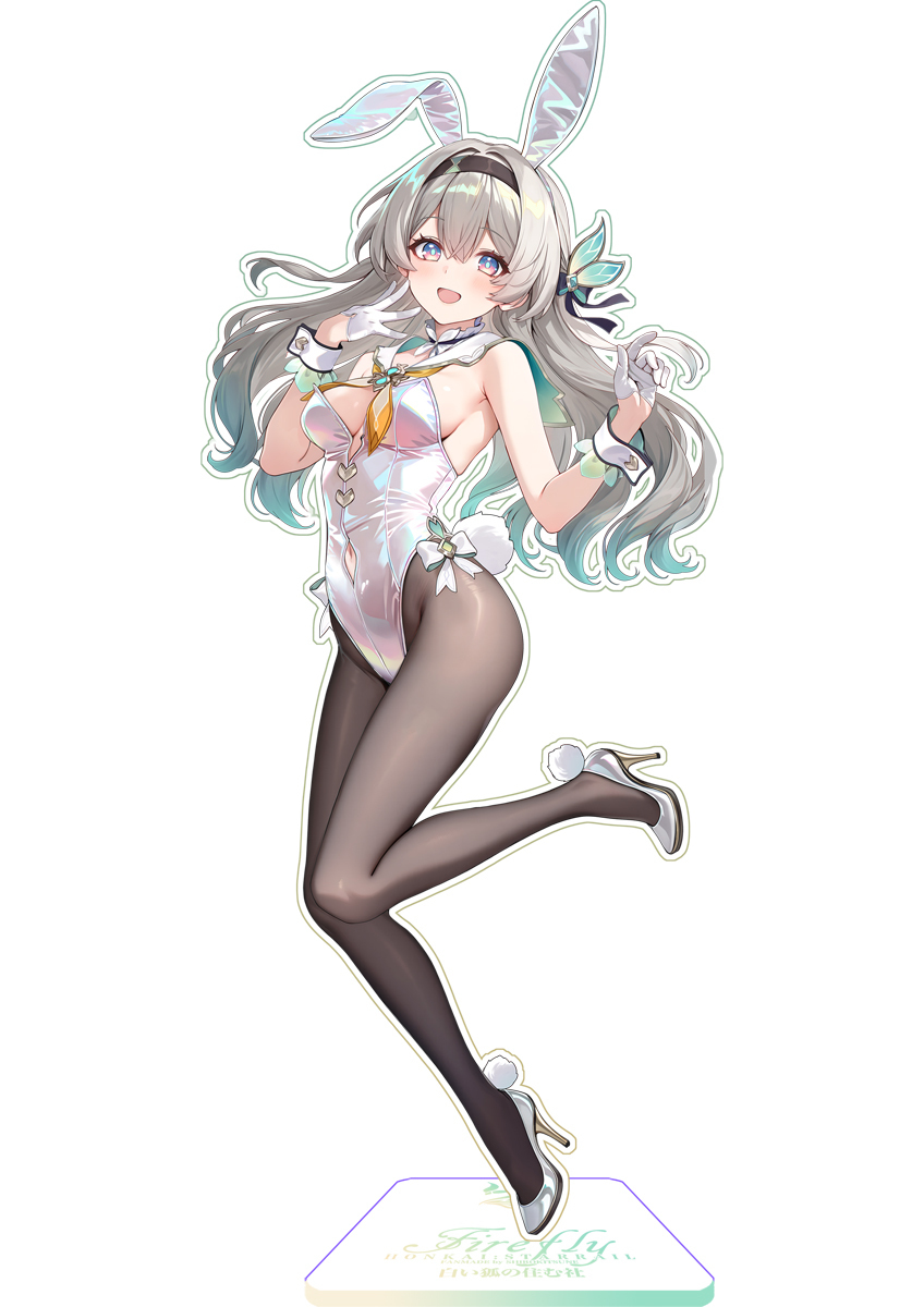 shirokitsune, firefly (honkai: star rail), honkai: star rail, honkai (series), commentary request, highres, 1girl, acrylic stand (medium), alternate costume, animal ear hairband, animal ears, aqua hair, black hairband, black pantyhose, blue eyes, breasts, clothing cutout, covered navel, fake animal ears, fake tail, full body, gloves, gradient background, gradient hair, grey hair, hairband, half gloves, high heels, leotard, long hair, looking at viewer, medium breasts, multicolored eyes, multicolored hair, navel cutout, neckerchief, open mouth, pantyhose, playboy bunny, purple eyes, rabbit ears, rabbit tail, shoes, simple background, solo, standing, standing on one leg, tail, two-tone eyes, two-tone hair, white background, white gloves, white leotard, white shoes, wrist cuffs, yellow neckerchief