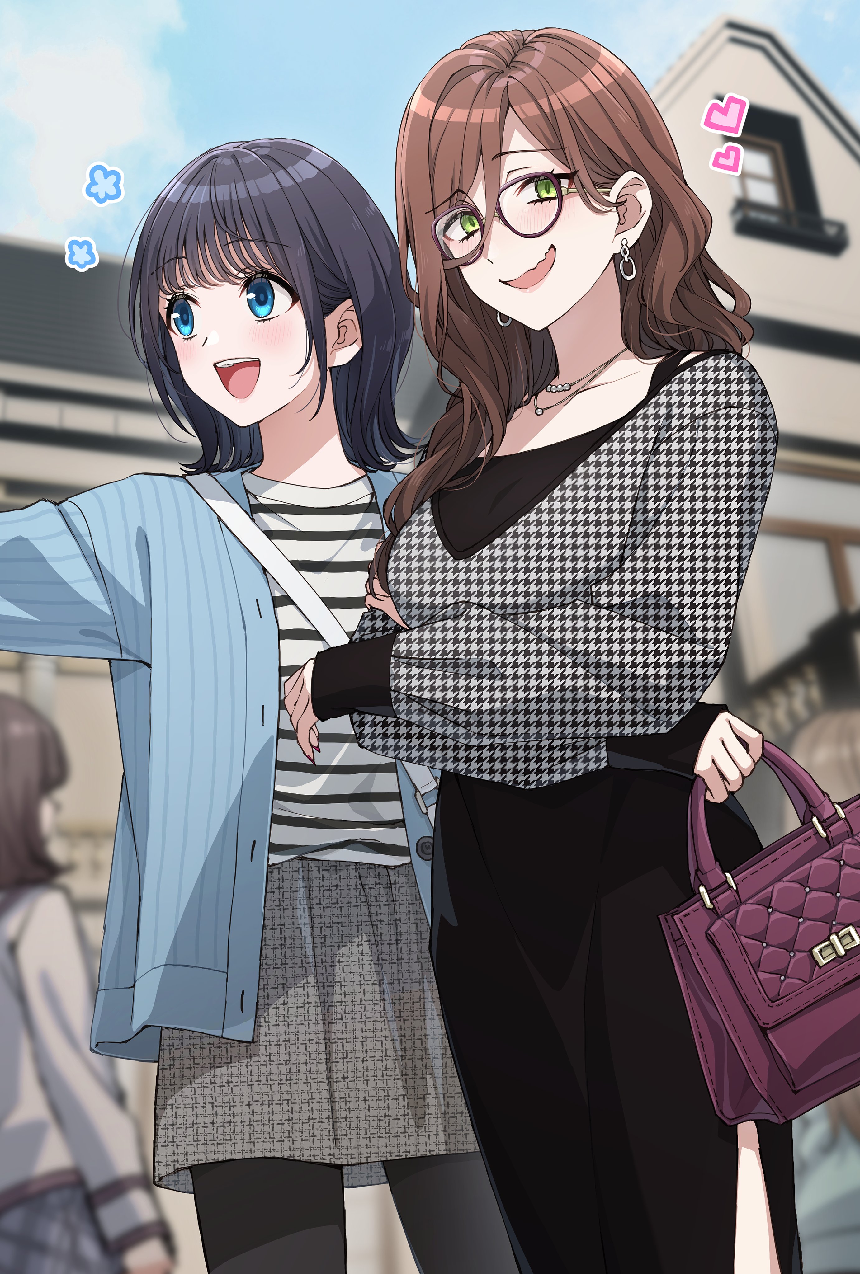 somechime (sometime1209), original, absurdres, commentary request, highres, age difference, blue eyes, blush, breasts, brown hair, couple, green eyes, hug, large breasts, long hair, long sleeves, multiple girls, open mouth, shirt, short hair, skirt, smile, yuri