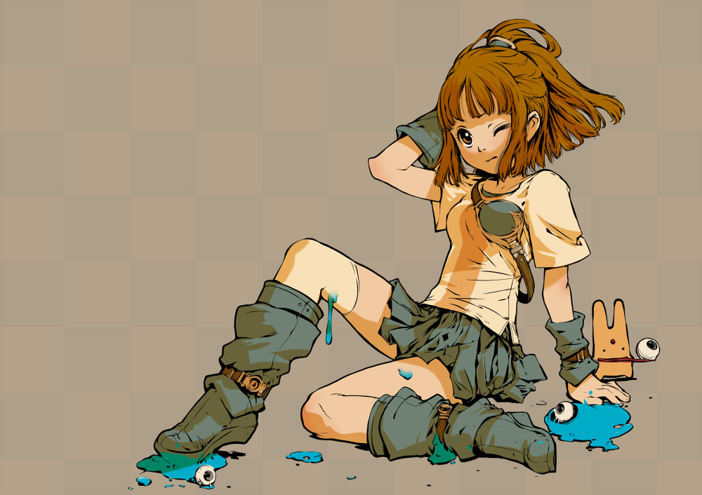 branch (blackrabbits), arle nadja, carbuncle (puyopuyo), puyo (puyopuyo), madou monogatari, puyopuyo, bad id, bad pixiv id, 1girl, armor, blue skirt, boots, breastplate, brown eyes, brown hair, fallen down, female focus, grey background, half updo, knee boots, legs, miniskirt, one eye closed, pleated skirt, ponytail, simple background, single thighhigh, skirt, solo, thighhighs, white thighhighs, wince