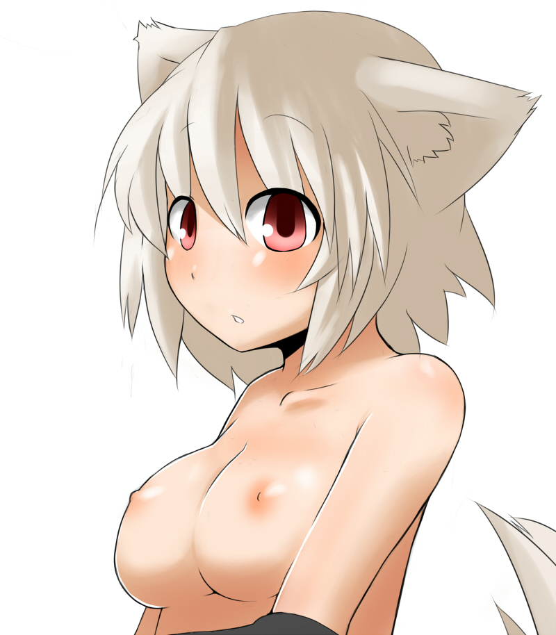 wk (low-f), inubashiri momiji, touhou, silver hair, bad id, bad pixiv id, 1girl, animal ears, breasts, female focus, nipples, nude, red eyes, short hair, solo, tail, topless frame, upper body, wolf ears, wolf tail