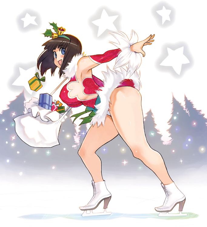 ryoji (nomura ryouji), 1girl, ass, bell, blue eyes, blush, breasts, brown hair, curvy, detached sleeves, female focus, figure skating, gift bag, giftbag, hairband, ice skates, large breasts, legs, short hair, sideboob, skates, solo, thighs