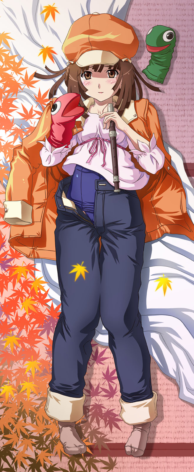 tooo, sengoku nadeko, bakemonogatari, monogatari (series), highres, long image, tall image, 00s, 1girl, blush, brown eyes, brown hair, feet, female focus, flute, hand puppet, hat, holding, holding flute, holding instrument, instrument, jacket, jacket on shoulders, leaf, lying, maple leaf, newsboy cap, one-piece swimsuit, open fly, pants, puppet, recorder, school swimsuit, socks, solo, swimsuit, swimsuit under clothes, unzipped