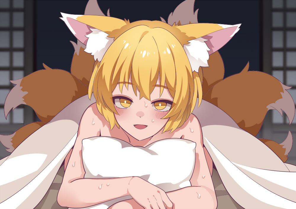 hammer (sunset beach), yakumo ran, touhou, commentary request, 1girl, animal ears, blonde hair, fox ears, fox girl, fox tail, lying, multiple tails, nude, on stomach, open mouth, pillow, short hair, smile, solo, sweat, tail, under covers, yellow eyes