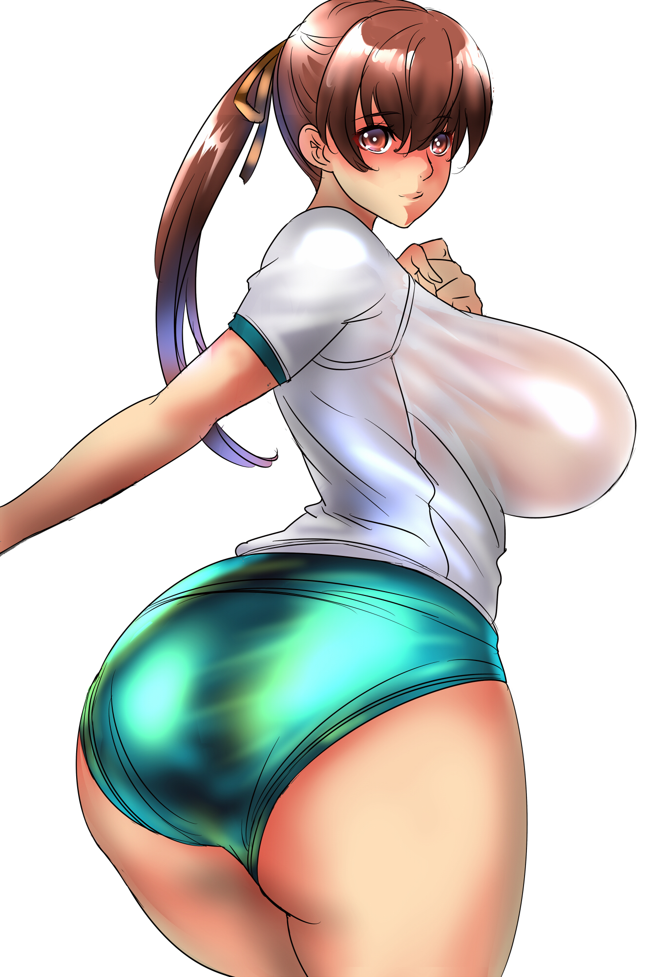 judge (oekaki), kasumi (doa), dead or alive, highres, 1girl, ass, ass focus, blush, breasts, brown eyes, brown hair, buruma, from behind, huge breasts, long hair, looking back, ponytail, short sleeves, white background