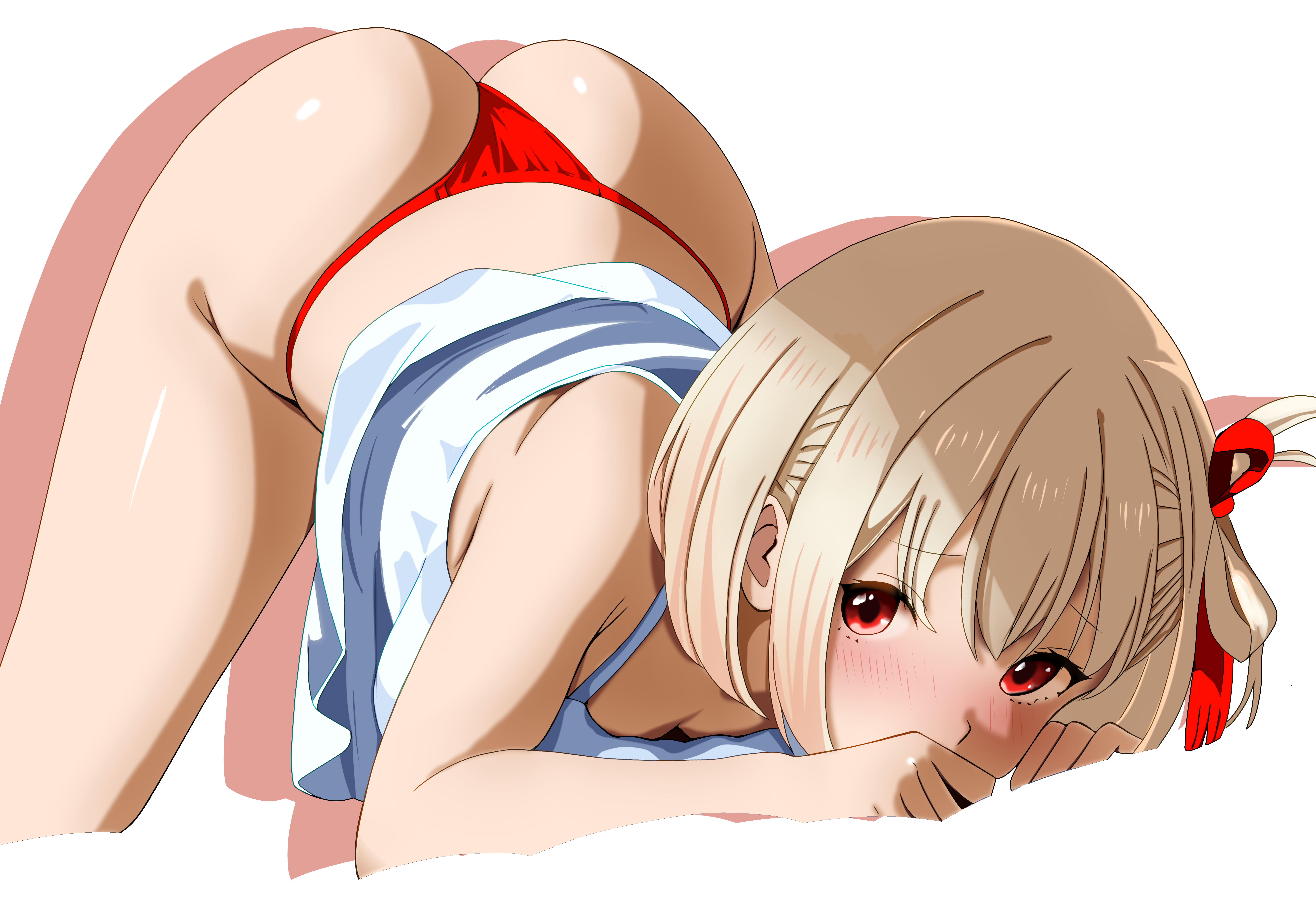 tetsuado, nishikigi chisato, lycoris recoil, absurdres, commentary request, highres, 1girl, all fours, ass, blonde hair, blush, breasts, camisole, hair ribbon, looking at viewer, panties, red eyes, red panties, red ribbon, ribbon, short hair, simple background, solo, top-down bottom-up, underwear, white background, white camisole
