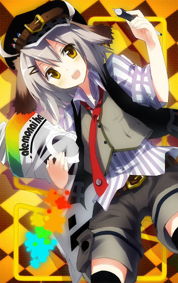 gotyou, original, animal ears, brown hair, dog ears, hat, pen, short hair, shorts, solo, thighhighs, yellow eyes
