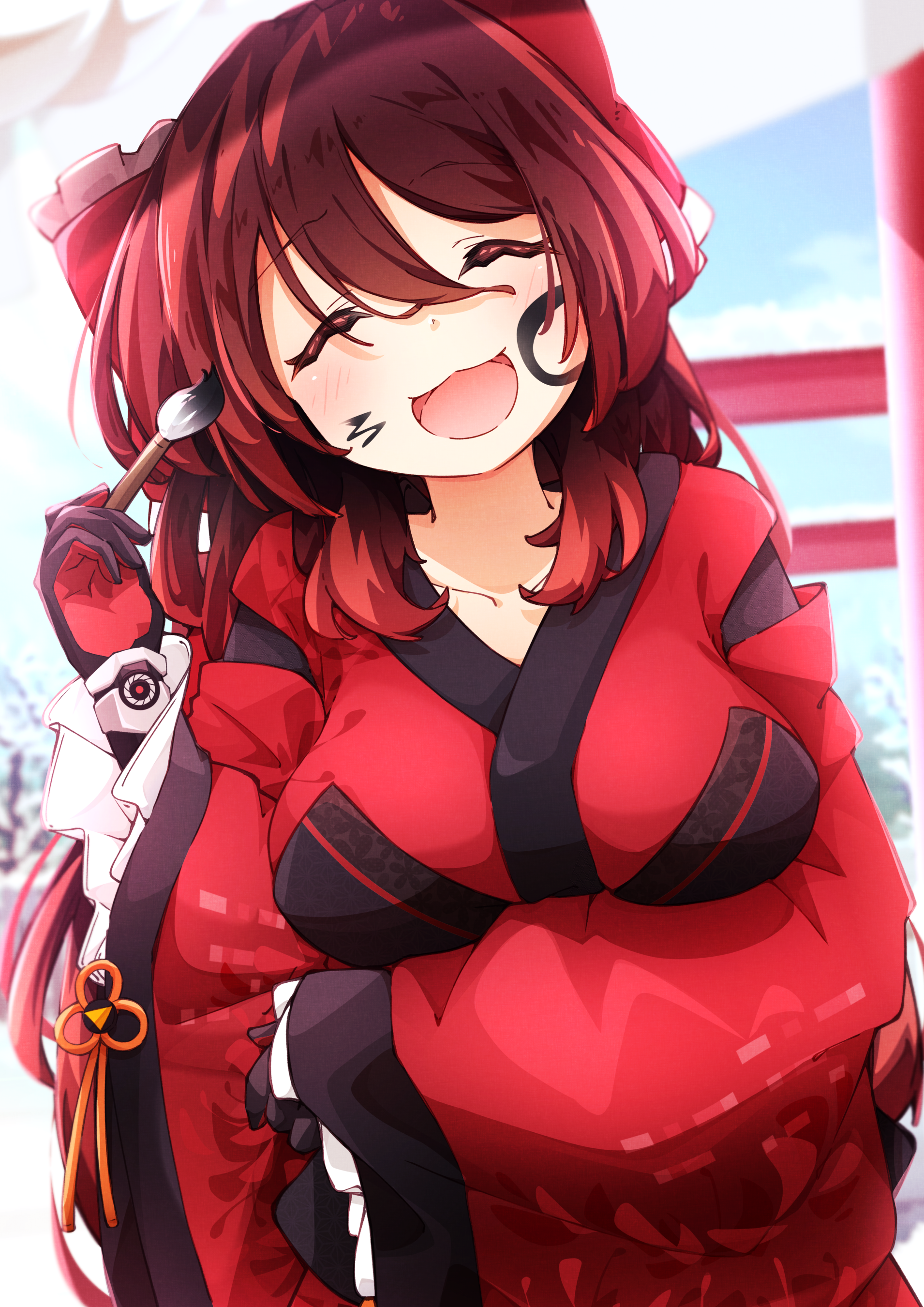 fuyuhi uta, roboco-san, roboco-san (new year), hololive, absurdres, commentary request, highres, 1girl, :3, :d, black gloves, blush, brown hair, calligraphy brush, closed eyes, gloves, holding, holding calligraphy brush, holding paintbrush, japanese clothes, kimono, long hair, open mouth, paintbrush, red gloves, red kimono, smile, solo, two-sided gloves, very long hair, virtual youtuber