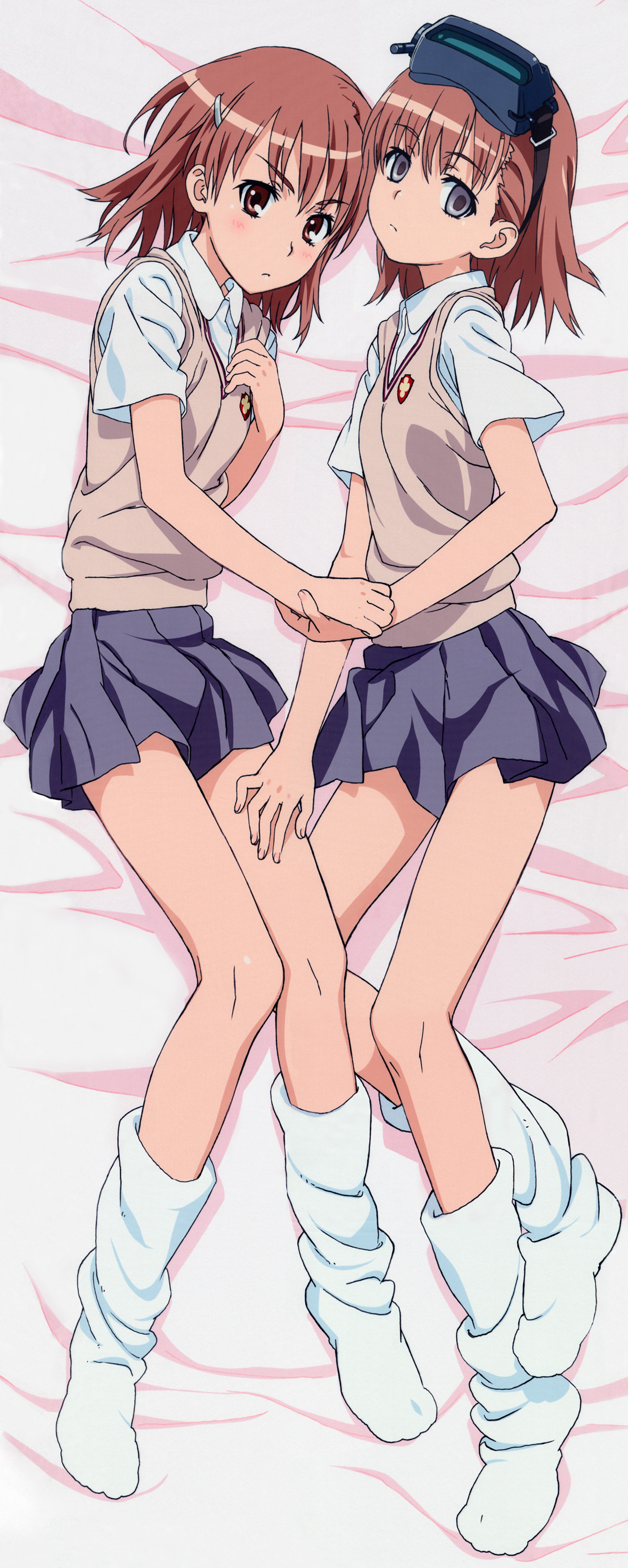 misaka imouto, misaka mikoto, toaru kagaku no railgun, toaru majutsu no index, absurdres, artist request, highres, non-web source, official art, 00s, 2009, 2girls, bare legs, bed sheet, blush, brown eyes, brown hair, brown sweater vest, clone, dakimakura (medium), empty eyes, full body, grey skirt, hair ornament, hairclip, hand on another's thigh, head-mounted display, holding hands, looking at viewer, loose socks, matching hair/eyes, miniskirt, multiple girls, purple eyes, school uniform, short hair, skirt, socks, summer uniform, sweater vest, tokiwadai school uniform, yuri