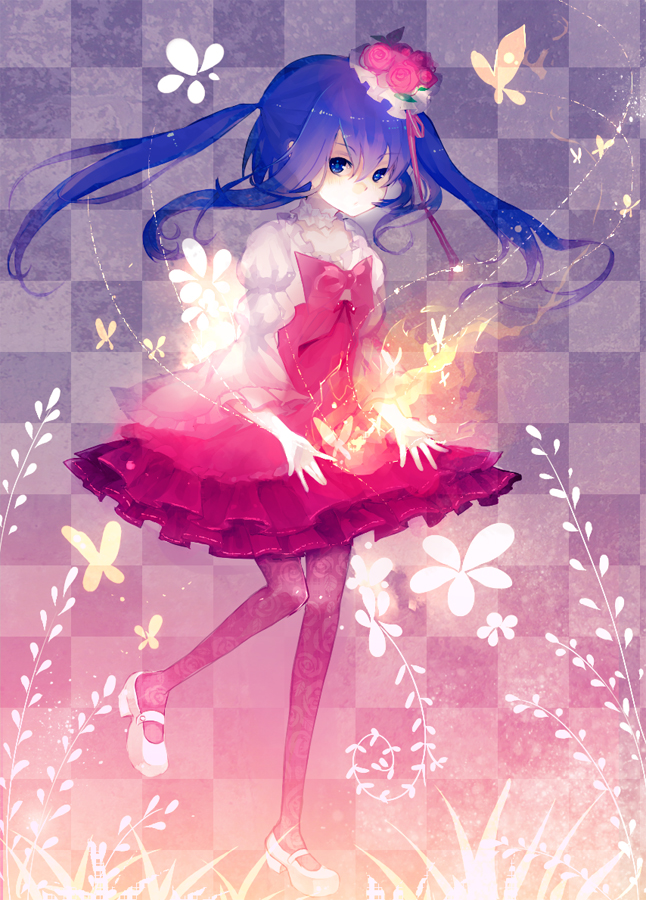 colxy, chou, furudo erika, umineko no naku koro ni, bad id, bad pixiv id, 00s, 1girl, blue eyes, blue hair, bow, bug, butterfly, checkered background, dress, female focus, floral print, hair ornament, insect, long hair, matching hair/eyes, pantyhose, patterned legwear, print pantyhose, shoes, solo, twintails, white shoes