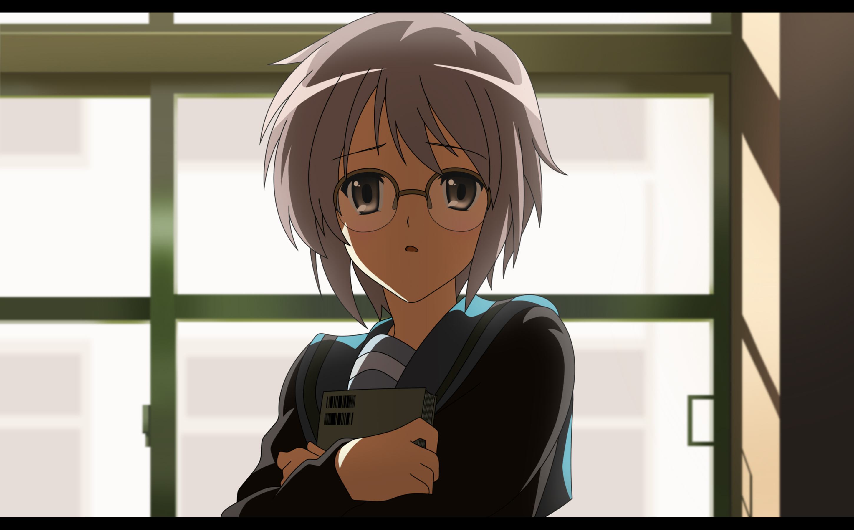 toshi (anime coloring), nagato yuki, suzumiya haruhi no shoushitsu, suzumiya haruhi no yuuutsu, derivative work, highres, vector trace, 00s, 10s, 1girl, book, brown eyes, cardigan, female focus, glasses, indoors, purple hair, school uniform, serafuku, solo, window