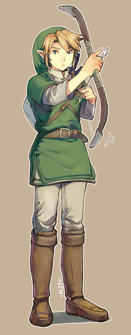 uichi, link, nintendo, the legend of zelda, the legend of zelda: twilight princess, bad id, bad pixiv id, 1boy, blonde hair, boots, bow (weapon), brown background, brown boots, elf, full body, green hat, hat, holding, holding bow (weapon), holding weapon, male focus, pointy ears, shield, shield on back, simple background, solo, standing, weapon