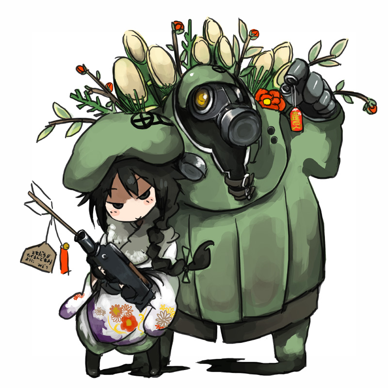 kasa (hitori sanka), 1girl, arrow (projectile), beret, borrowed character, bottle, ema, flower, gas mask, hat, kadomatsu, mask