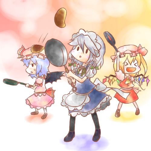 kuzugitsune (inarikami), flandre scarlet, izayoi sakuya, remilia scarlet, touhou, bad id, bad pixiv id, lowres, > <, > <, 3girls, :d, bat wings, chibi, closed eyes, female focus, food, frying pan, multiple girls, open mouth, pancake, smile, wings, xd