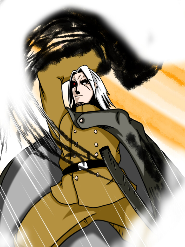 namelessl, murakumo (akatsuki en-eins), akatsuki blitzkampf, 1boy, belt, cape, glowing, glowing eyes, ink, male focus, military, military uniform, one-eyed, red eyes, solo, white hair