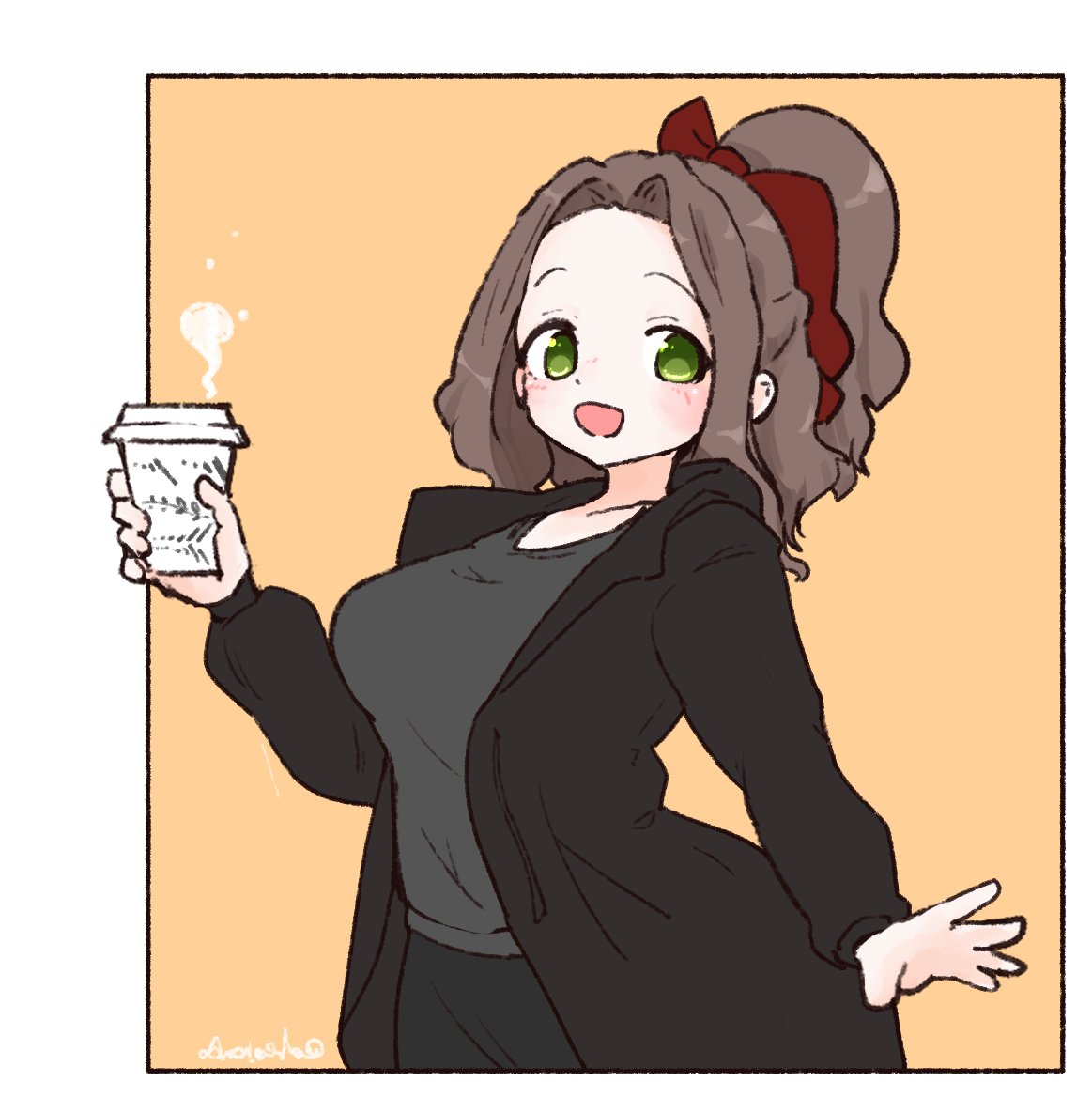 olto rondo, original, commentary request, 1girl, black jacket, blush, border, bow, breasts, brown hair, cowboy shot, cup, disposable cup, forehead, green eyes, grey shirt, hair bow, holding, holding cup, jacket, large breasts, long hair, long sleeves, looking at viewer, open clothes, open jacket, open mouth, orange background, outside border, red bow, shirt, smile, solo, white border