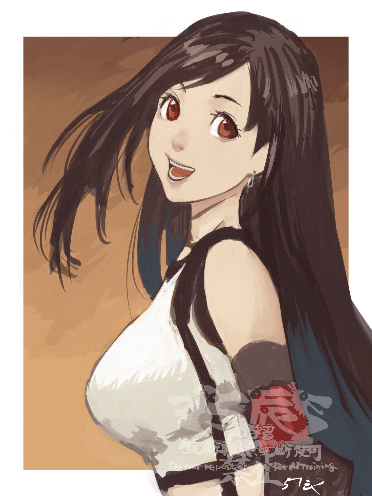 5tatsu, tifa lockhart, final fantasy, final fantasy vii, final fantasy vii remake, commentary request, highres, 1girl, artist name, bare shoulders, black bra, black gloves, border, bra, brown background, brown eyes, crop top, earrings, elbow gloves, elbow pads, gloves, jewelry, long hair, midriff, open mouth, shirt, single elbow pad, sleeveless, sleeveless shirt, smile, solo, sports bra, suspenders, underwear, upper body, white border, white shirt