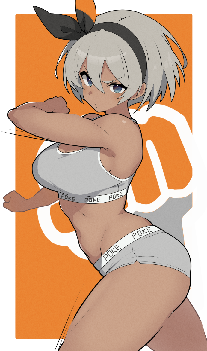 mituyota 76, bea (pokemon), nintendo, pokemon, pokemon swsh, commentary request, 1girl, arm up, black hairband, blue eyes, bob cut, border, bow hairband, bra, breasts, cleavage, cowboy shot, dark-skinned female, dark skin, from side, grey bra, grey hair, grey panties, hair between eyes, hairband, large breasts, legs, looking at viewer, navel, panties, serious, short hair, solo, stomach, thick thighs, thighs, toned, underwear, v-shaped eyebrows, white border