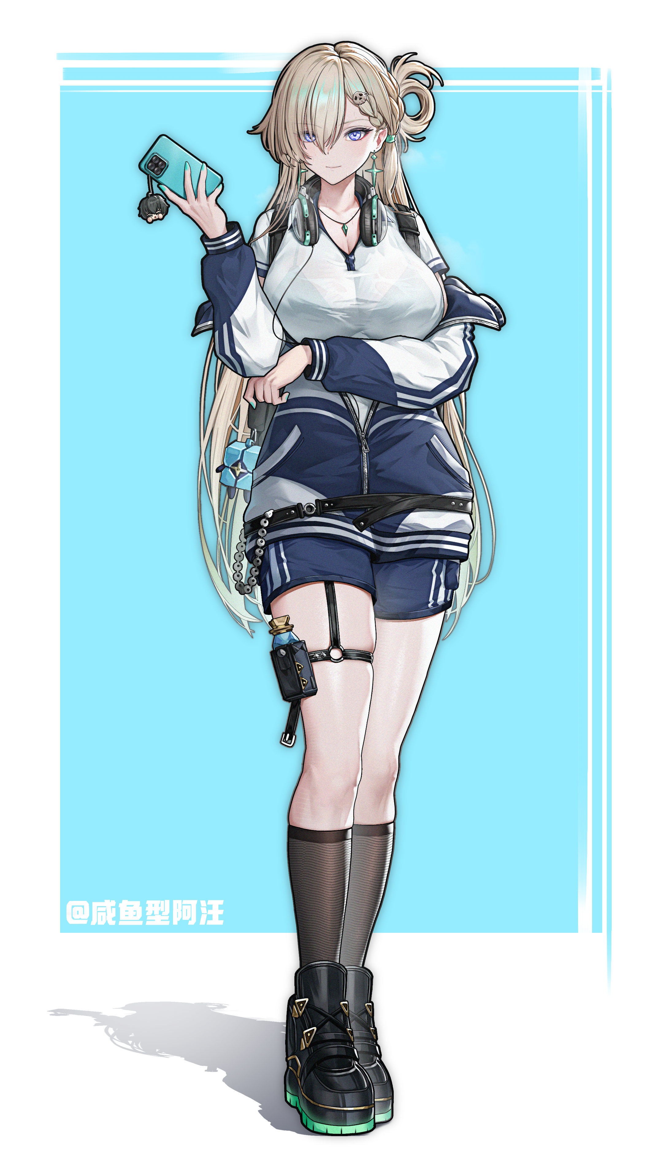 lynae (wuthering waves), male rover (wuthering waves), rover (wuthering waves), wuthering waves, absurdres, chinese commentary, commentary request, highres, 1356497576, 1girl, aqua nails, arm under breasts, artist name, bag charm, beads, belt, black bag, black belt, black shoes, blonde hair, blue background, blue eyes, blue shorts, border, bottle, bra visible through clothes, braid, braided bangs, breasts, breath, cellphone, cellphone charm, character charm, charm (object), clang bang (wuthering waves), cleavage, closed mouth, earrings, full body, garter straps, gem, green gem, hair between eyes, hair ornament, hair over one eye, hair rings, hand up, headphones, headphones around neck, holding, holding phone, jacket, jewelry, kneehighs, large breasts, light blush, long hair, long sleeves, looking at viewer, nail polish, off shoulder, partially unzipped, pendant, phone, pouch, see-through clothes, see-through shirt, shadow, shirt, shoes, short sleeves, shorts, single garter strap, single hair ring, skull hair ornament, smartphone, socks, solo, sportswear, standing, star (symbol), star earrings, strap, striped clothes, striped jacket, sweat, t-shirt, tachi-e, thigh pouch, thigh strap, track jacket, very long hair, white border, white shirt, zipper, zipper pull tab