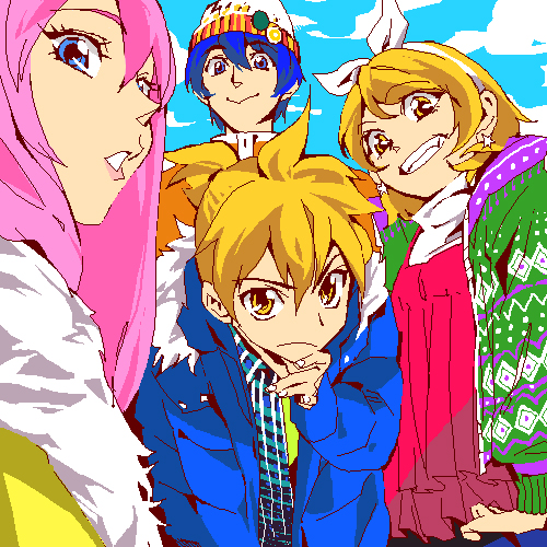 popqn, kagamine len, kagamine rin, kaito (vocaloid), megurine luka, vocaloid, bad id, bad pixiv id, lowres, 2boys, 2girls, blue eyes, blue hair, blush, brown eyes, casual, grin, hairband, hat, long hair, multiple boys, multiple girls, oekaki, pink hair, short hair, smile