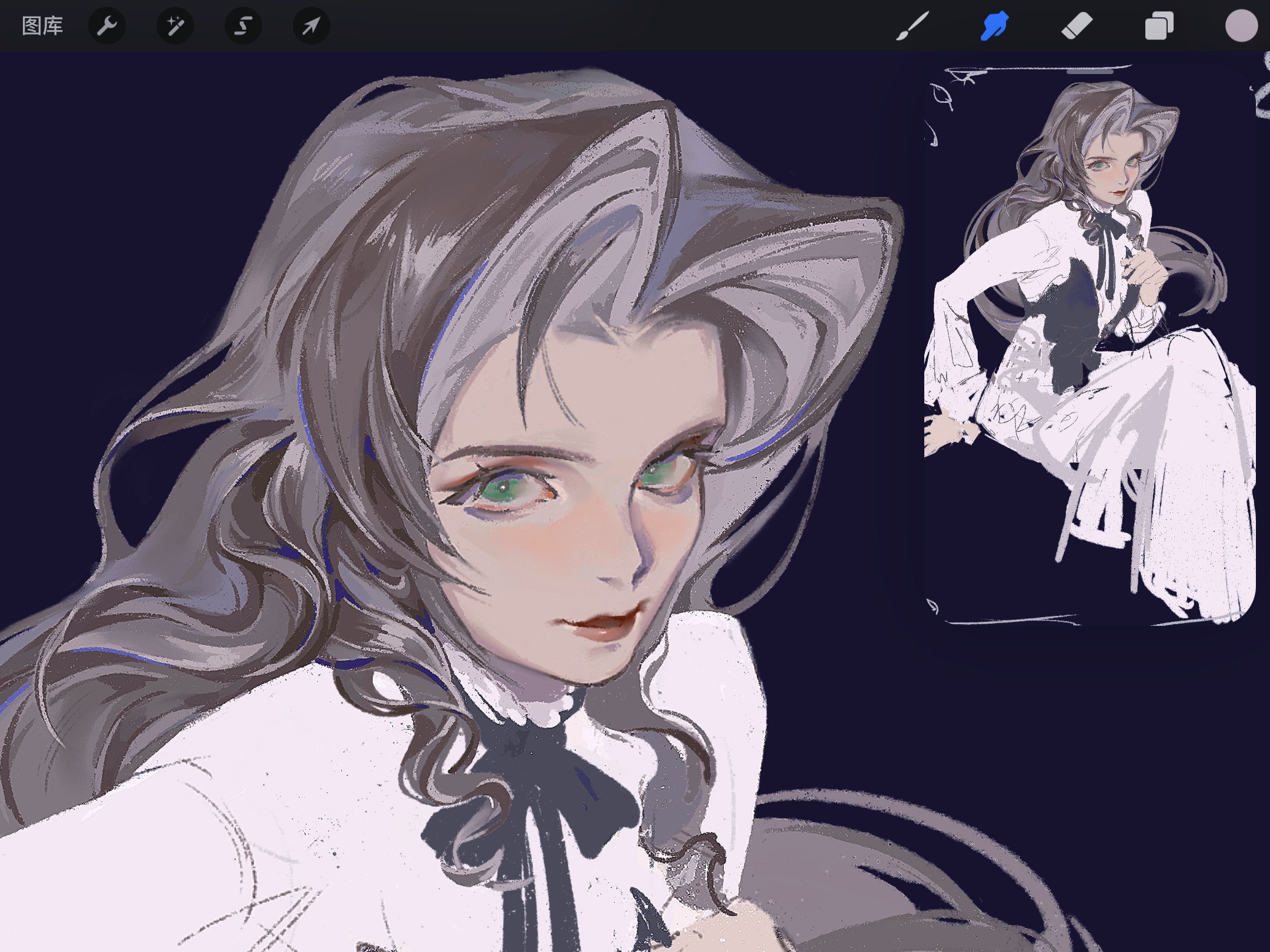 aerith gainsborough, final fantasy, final fantasy vii, commentary request, highres, unfinished, alternate costume, art program in frame, black ribbon, blue background, brown hair, closed mouth, dress, ehesiocnarf, green eyes, hand on own chest, long dress, long hair, long sleeves, neck ribbon, parted bangs, ribbon, sidelocks, wavy hair, white dress