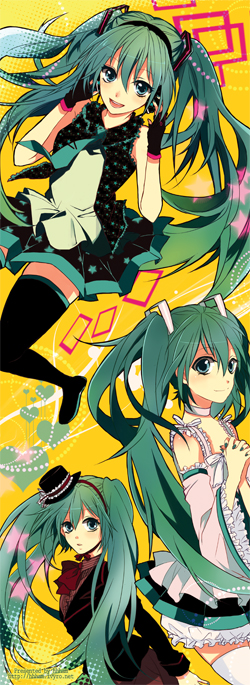 ham (eikasiahhh), hatsune miku, vocaloid, bad id, bad pixiv id, 1girl, aqua eyes, aqua hair, choker, detached sleeves, female focus, gloves, green nails, hat, headset, long hair, mini hat, mini top hat, nail polish, necktie, skirt, smile, solo, thighhighs, top hat, twintails, very long hair