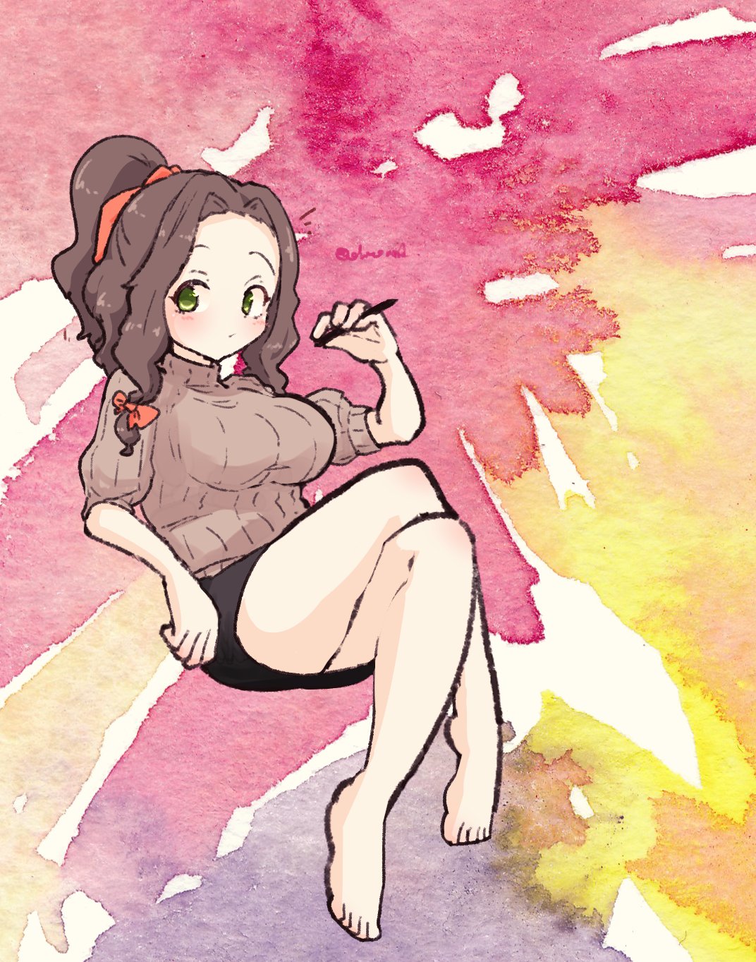 olto rondo, original, commentary request, highres, 1girl, barefoot, black skirt, blush, bow, breasts, brown hair, brown sweater, closed mouth, colorful background, crossed legs, forehead, full body, green eyes, hair bow, hand up, holding, large breasts, legs, long hair, looking at viewer, miniskirt, orange bow, short sleeves, sitting, skirt, solo, sweater