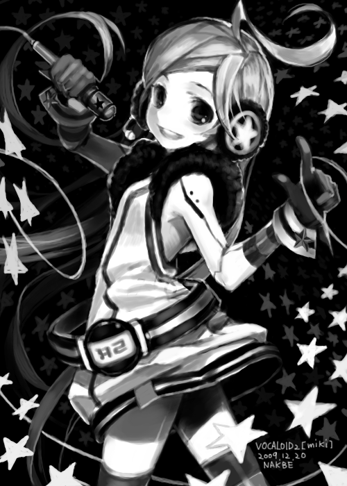 nakbe, sf-a2 miki, vocaloid, bad id, bad pixiv id, 1girl, ahoge, android, dress, female focus, gloves, greyscale, legs, long hair, looking back, microphone, monochrome, smile, solo, striped clothes, striped thighhighs, thighhighs, very long hair