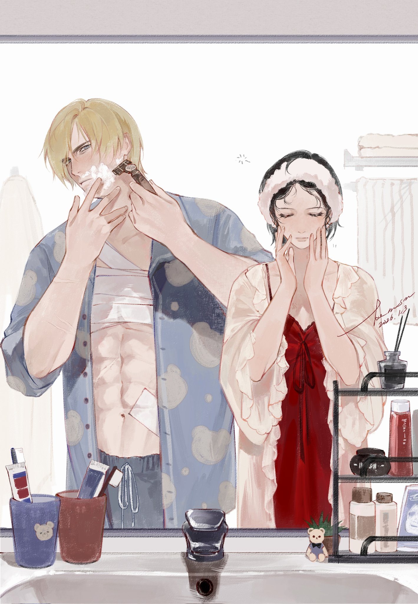mofa shuimu jiang, ada wong, leon s. kennedy, resident evil, commentary, highres, symbol-only commentary, 1boy, 1girl, abs, alternate costume, bandaged chest, bandaid, bandaid on shoulder, bathroom, black hair, black male underwear, blonde hair, blue shirt, bubble print, closed eyes, collared shirt, cow, dated, hair between eyes, hands on own face, holding, holding razor, lingerie, male underwear, music, navel, negligee, open clothes, open shirt, plant, potted plant, razor, red negligee, robe, shaving, shaving cream, shirt, short hair, signature, singing, sleeves rolled up, squeans, stuffed animal, stuffed toy, teddy bear, towel, towel on head, underwear, white robe