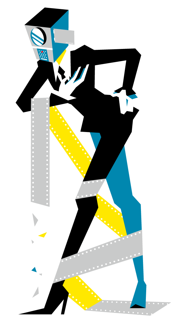 hitarika, 1girl, bow, female focus, film, film strip, flat color, formal clothes, full body, high contrast, personification, projector, solo, suit, white background