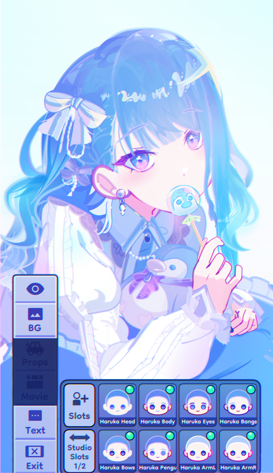 kiritani haruka, gacha (series), gacha life, project sekai, screencap, highres, 1girl, art program in frame, bloom festival (project sekai), blue eyes, blue hair, blue theme, candy, cushion, earrings, food, gacha life (medium), hair ribbon, holding, holding candy, holding food, holding lollipop, jewelry, juliet sleeves, lollipop, long sleeves, lying, multicolored eyes, official alternate costume, official alternate hairstyle, on stomach, pink eyes, puffy sleeves, ribbon, ritoru demon, stuffed animal, stuffed penguin, stuffed toy, two-tone eyes, white ribbon, white sleeves