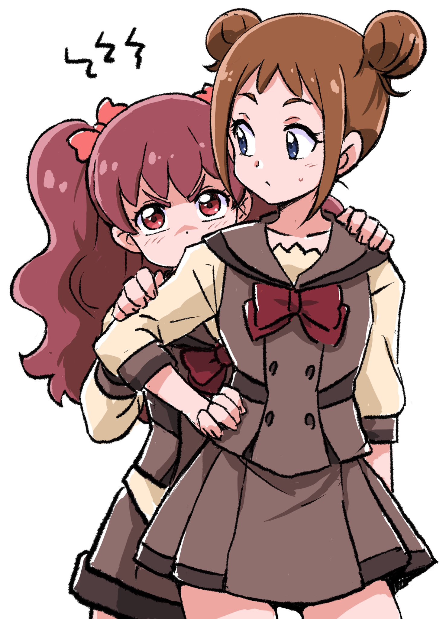 uraki, kanie (precure), ookuma (precure), precure, wonderful precure!, commentary, highres, 2girls, angry, arm at side, blue eyes, blush, bow, bowtie, brown hair, brown sailor collar, brown shorts, brown skirt, brown vest, buttons, closed mouth, collarbone, collared vest, cowboy shot, double-breasted, double bun, front-to-back, furrowed brow, hair bow, hair bun, hand on own hip, long hair, long sleeves, looking at another, looking at viewer, miniskirt, multiple girls, pleated skirt, raised eyebrows, red bow, red bowtie, red eyes, red hair, sailor collar, school uniform, second wangan school uniform, shirt, short hair, short shorts, shorts, simple background, skirt, squiggle, three-quarter sleeves, twintails, v-shaped eyebrows, vest, white background, white shirt