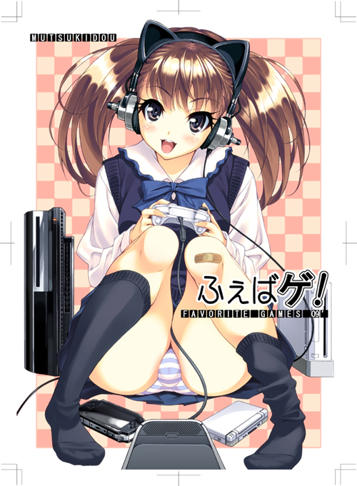 ikeda yasuhiro, original, 1girl, animal ear headphones, animal ears, bandaid, bandaid on knee, bandaid on leg, brown hair, cat ear headphones, cat ears, fake animal ears, female focus, game console, handheld game console, headphones, nintendo ds, panties, playing games, playstation 3, playstation portable, purple eyes, sitting, solo, striped clothes, striped panties, twintails, underwear, wii, xbox 360